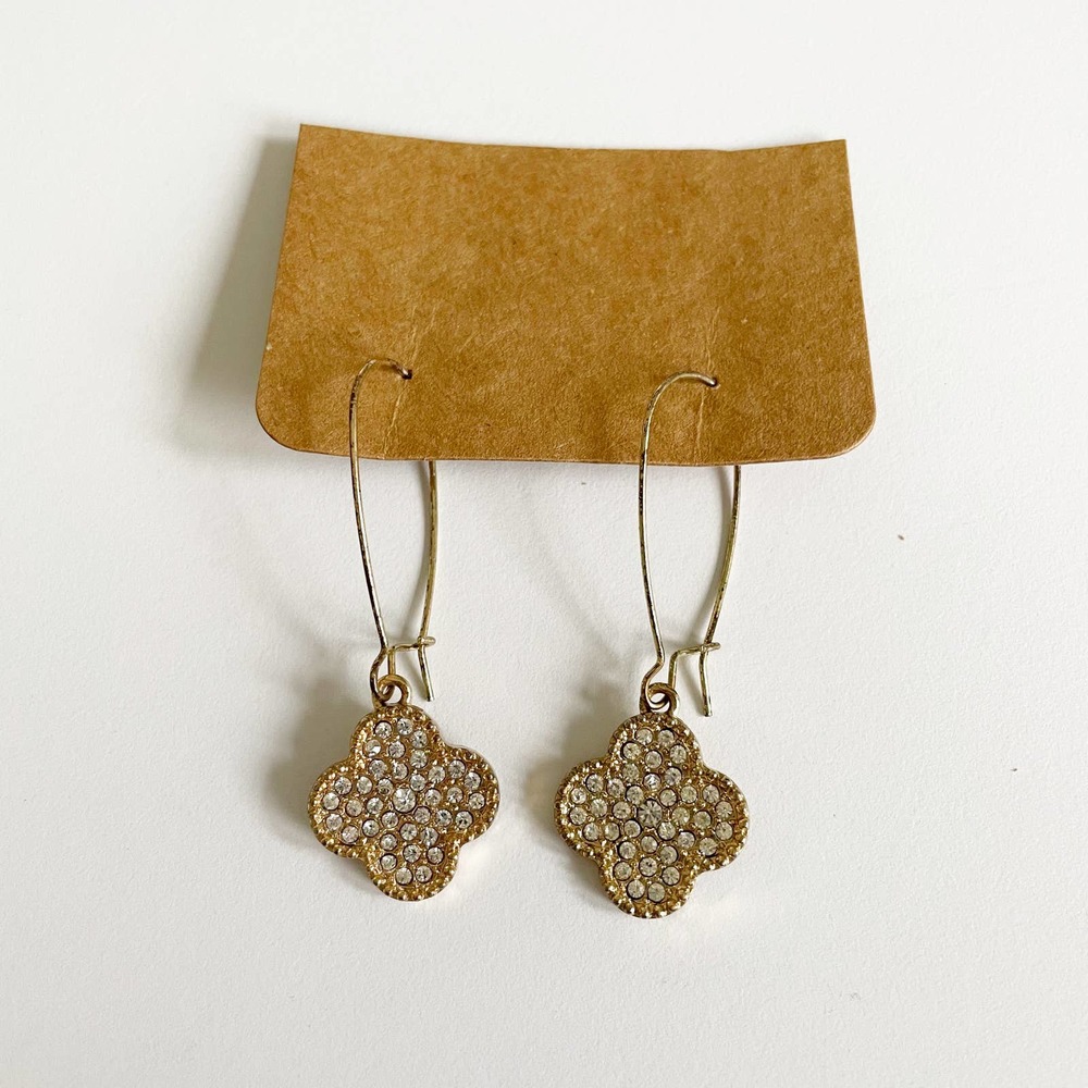 Dangling Clover Quatrefoil Gold-tone with White Gems